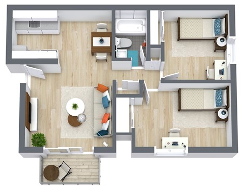 A top-down view of a two-bedroom apartment with a living room, kitchen, and bathroom.